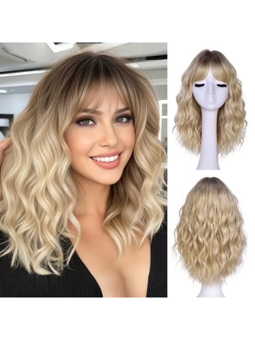 Women's Omber Blonde 14 Inch Natural Synthetic Short Curly Wavy Fiber Wigs